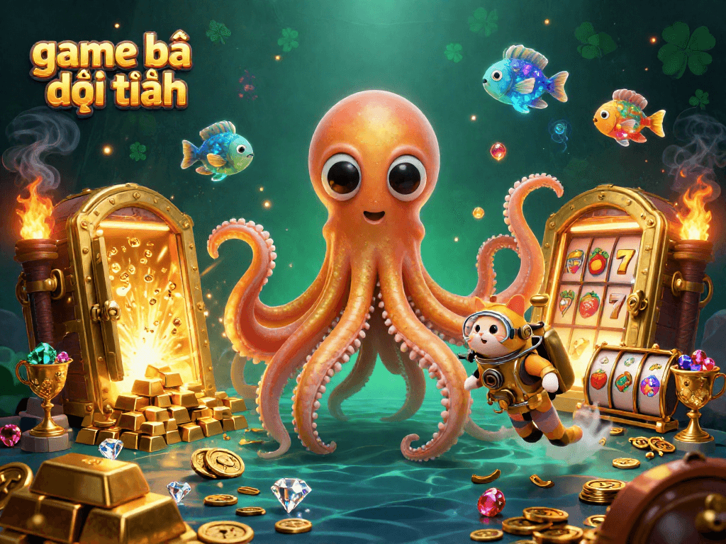 Engage with game bài đổi thưởng in a thrilling 3D casino scene filled with treasures and excitement.