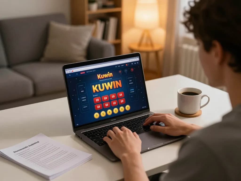 Kuwin user engaged in online gambling, playing slots at home with strategy notes nearby