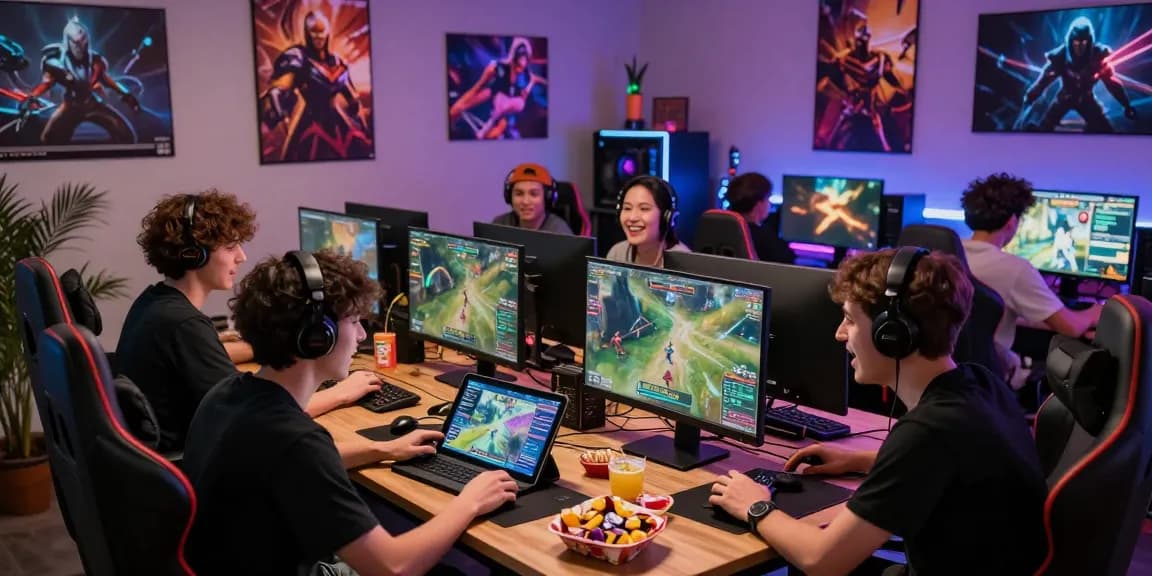 Komunitas permainan online di https://honda555.net/ menunjukkan pemain bersemangat berdiskusi strategi dengan peralatan gaming yang cerah.