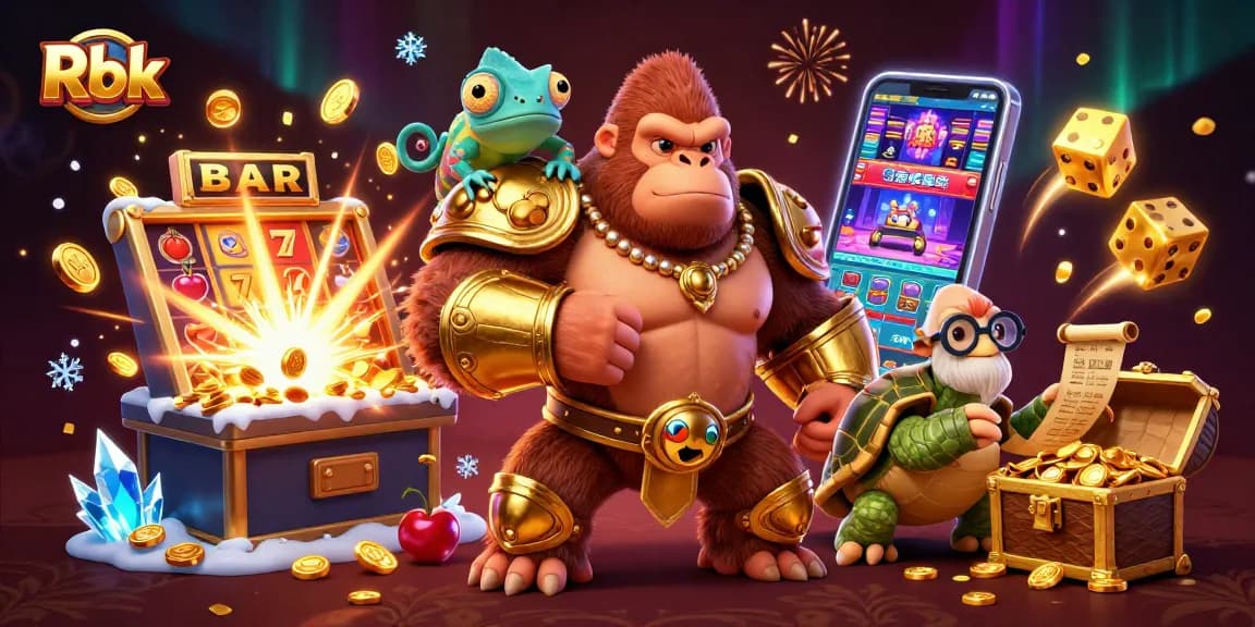 Engage with Rbk slot strategies as a gorilla king celebrates jackpot wins amidst thrilling casino chaos.