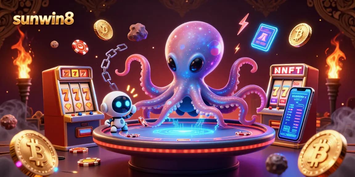 Play thrilling slots at sunwin8 with an alien octopus dealing exciting hands at a poker table.