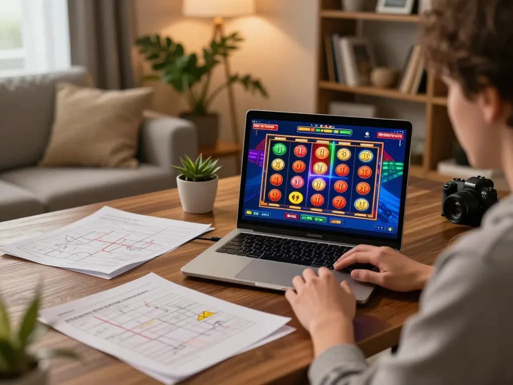 Engaged player using laptop for online gameplay at nhà cái gi8, showcasing strategic notes and a vibrant game interface.