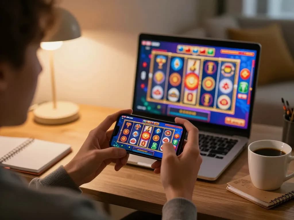Player engages with tr88 slot machine graphics on smartphone, enjoying a cozy home gaming atmosphere.