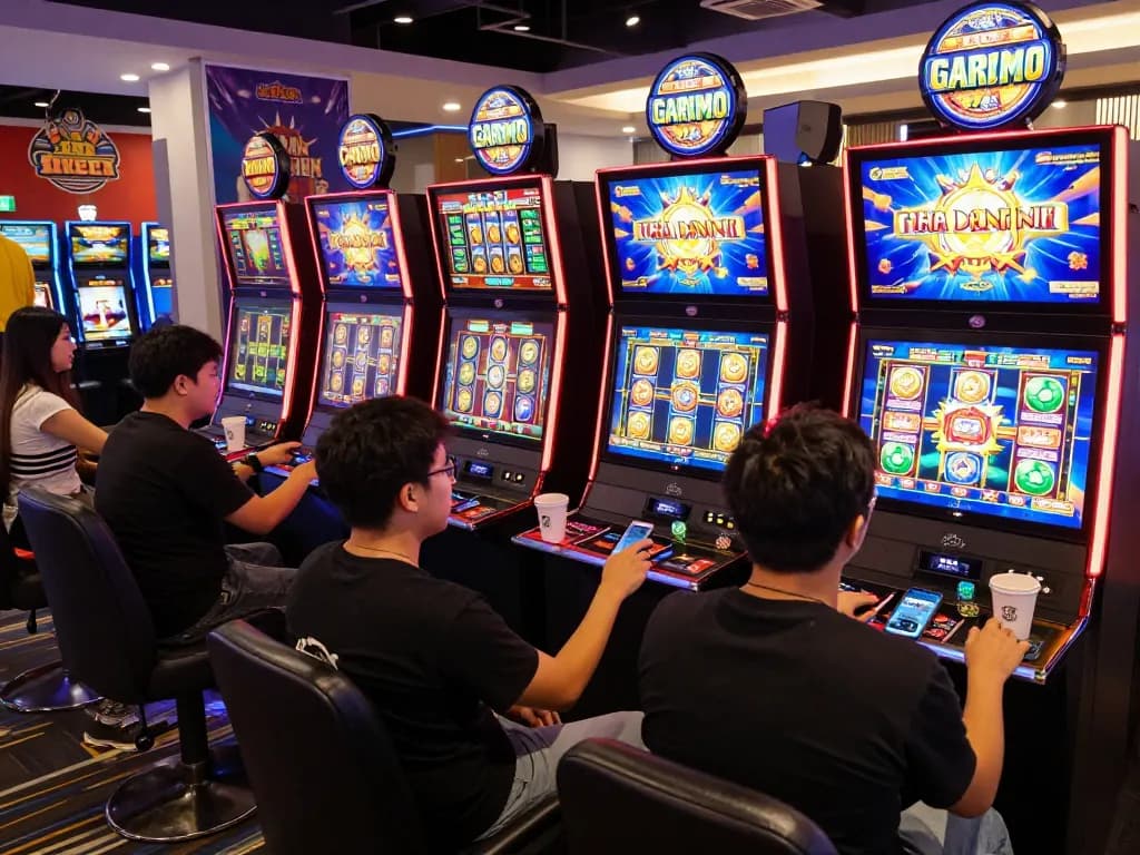 Bagian permainan yang menarik dengan pemain yang terlibat di mesin slot virtual untuk slot gacor hari ini dengan grafik yang vibrant.