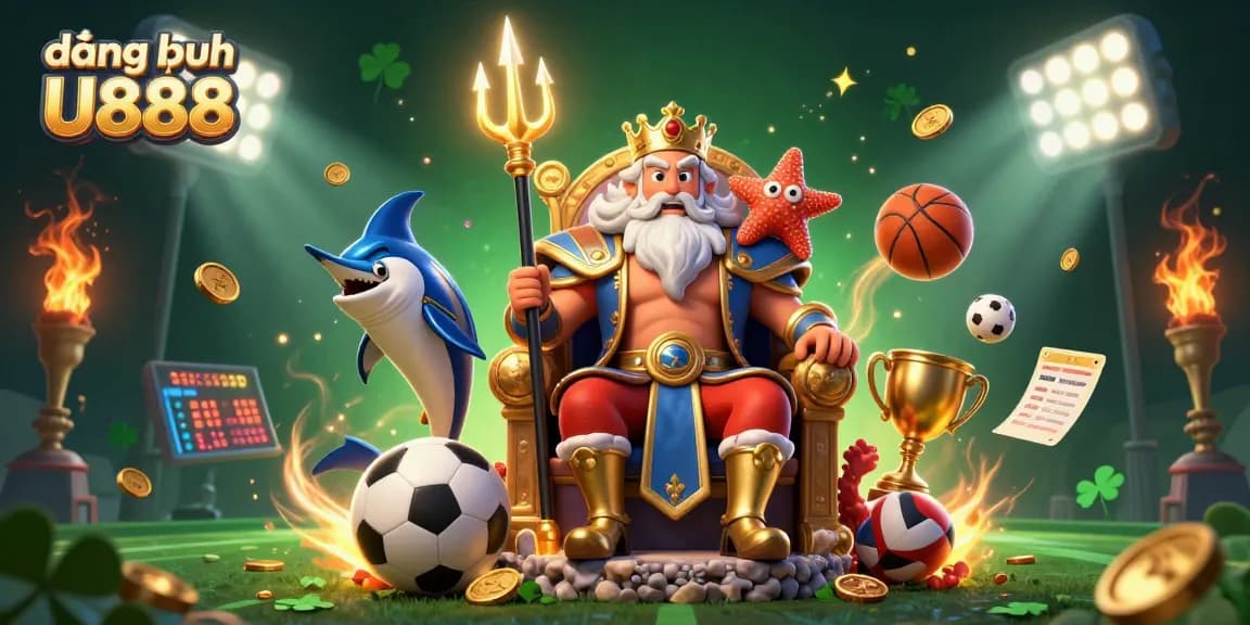 Engage in sports betting with đăng nhập U888, featuring a dynamic 3D illustration with Neptune and captivating elements.