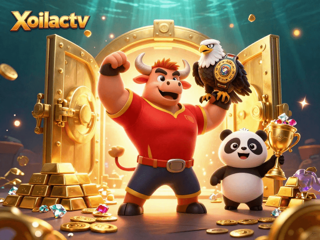 Xoilactv showcases a victorious bull mascot with gems and gold, celebrating casino winnings.