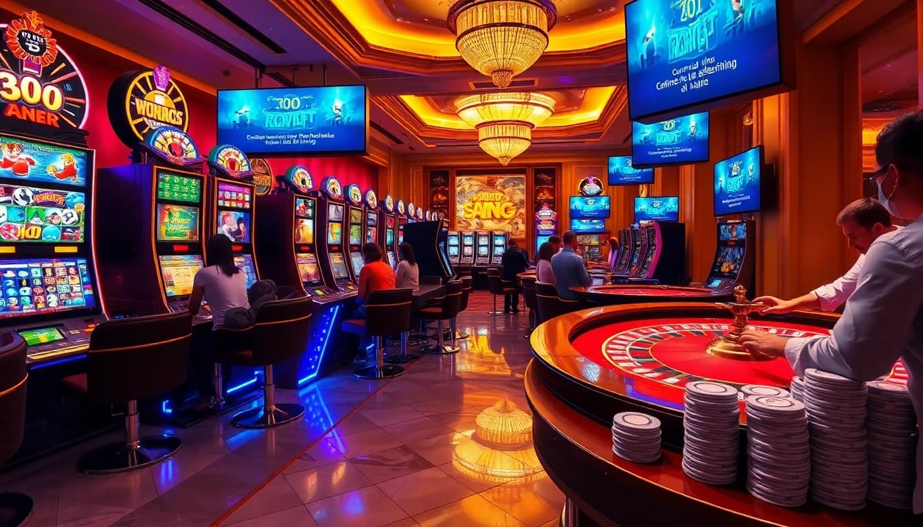 Engaging slot players enjoying ktpjitu alternatif in a vibrant casino atmosphere with illuminated machines.