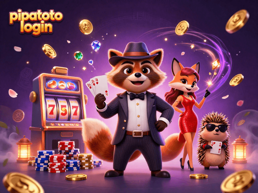 Pipatoto login showcases a stylish raccoon and companions enjoying thrilling casino excitement with vibrant slot machines and coins.