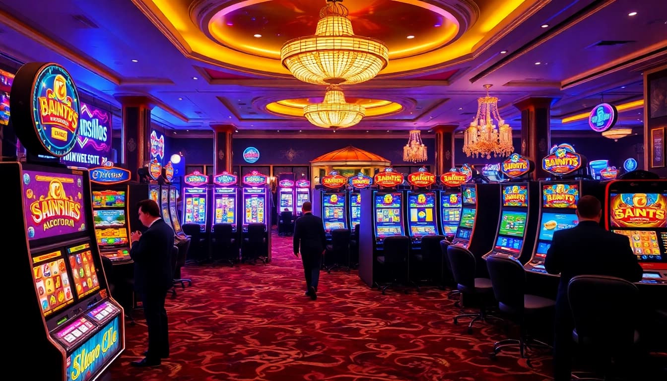 Experience thrilling gameplay with situs slot demo on luxurious slot machines in a vibrant casino setting.