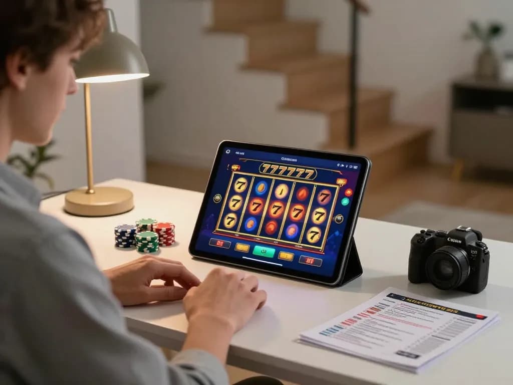 Engaging scene of online gambling with slot777 interface on tablet and strategy notes.