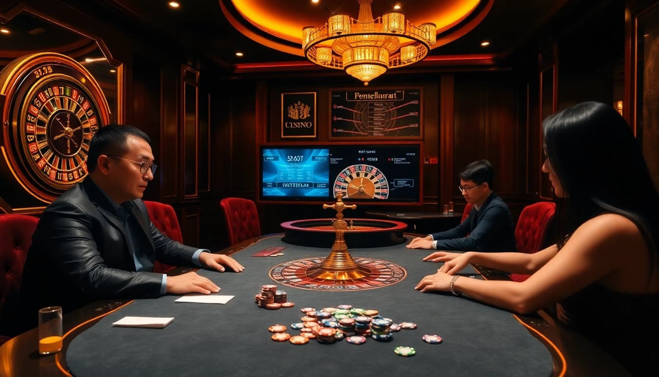 Experience the thrill of gambling with pengeluaran china in a luxurious casino setting, showcasing a poker table and roulette wheel.