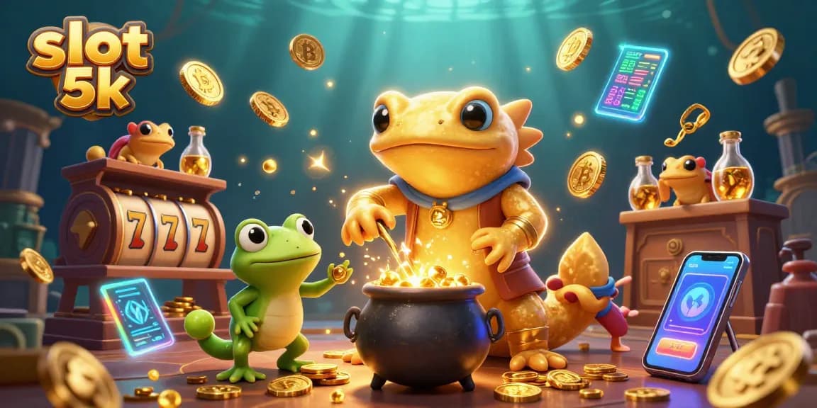 Merancang slot 5k dengan simbol slot, koin emas, dan karakter kartun dalam laboratorium.