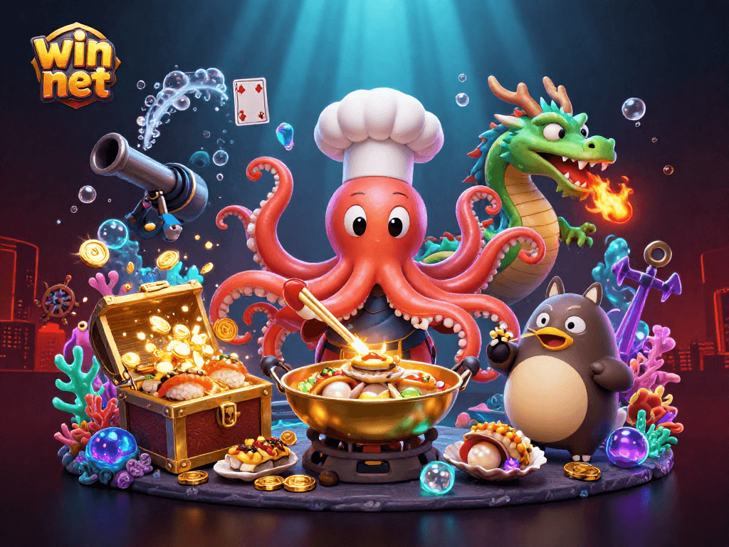 Experience fun and excitement with win net as the cartoon chef prepares golden dishes in a vibrant casino scene.
