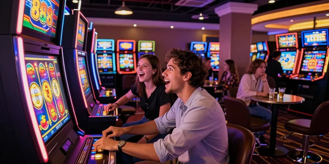 Teman-teman bersenang-senang bermain 888 slots di kasino, penuh kegembiraan dan lampu berwarna-warni.