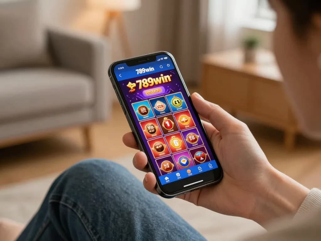 Engaged user interacting with the app 789win for casino gaming on smartphone in a cozy home.