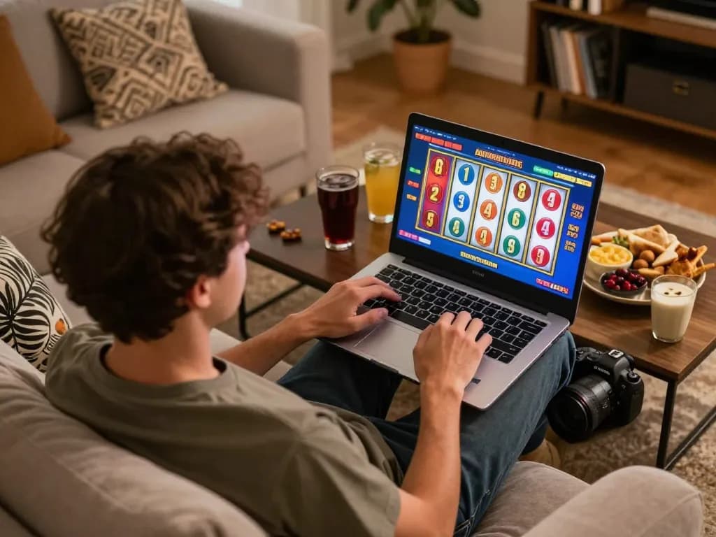 Engaging in online slot games for toto with a laptop, snacks, and warm light