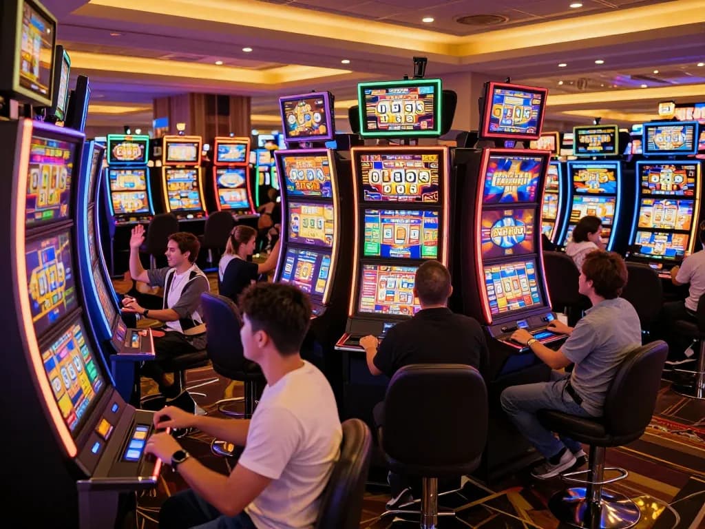 Excited players celebrating wins at link slot machines in a vibrant casino