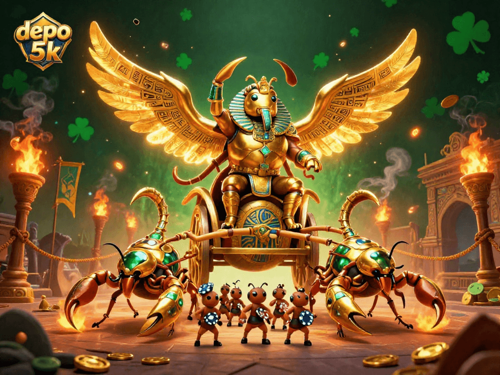 Experience the thrill of depo 5k with stunning casino visuals featuring a majestic beetle and scorpions.