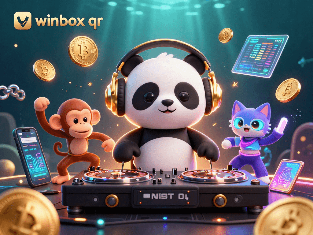 Experience the excitement of winbox qr with a DJ panda and casino-themed characters in a vibrant scene.