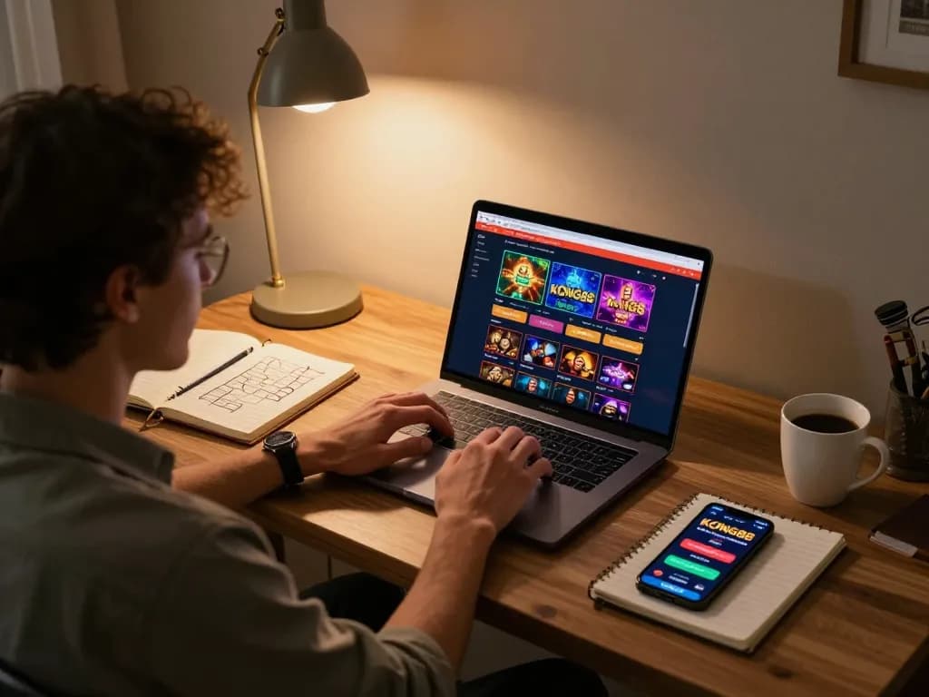 KONG88 player engaging with online slots and strategies in a cozy home office