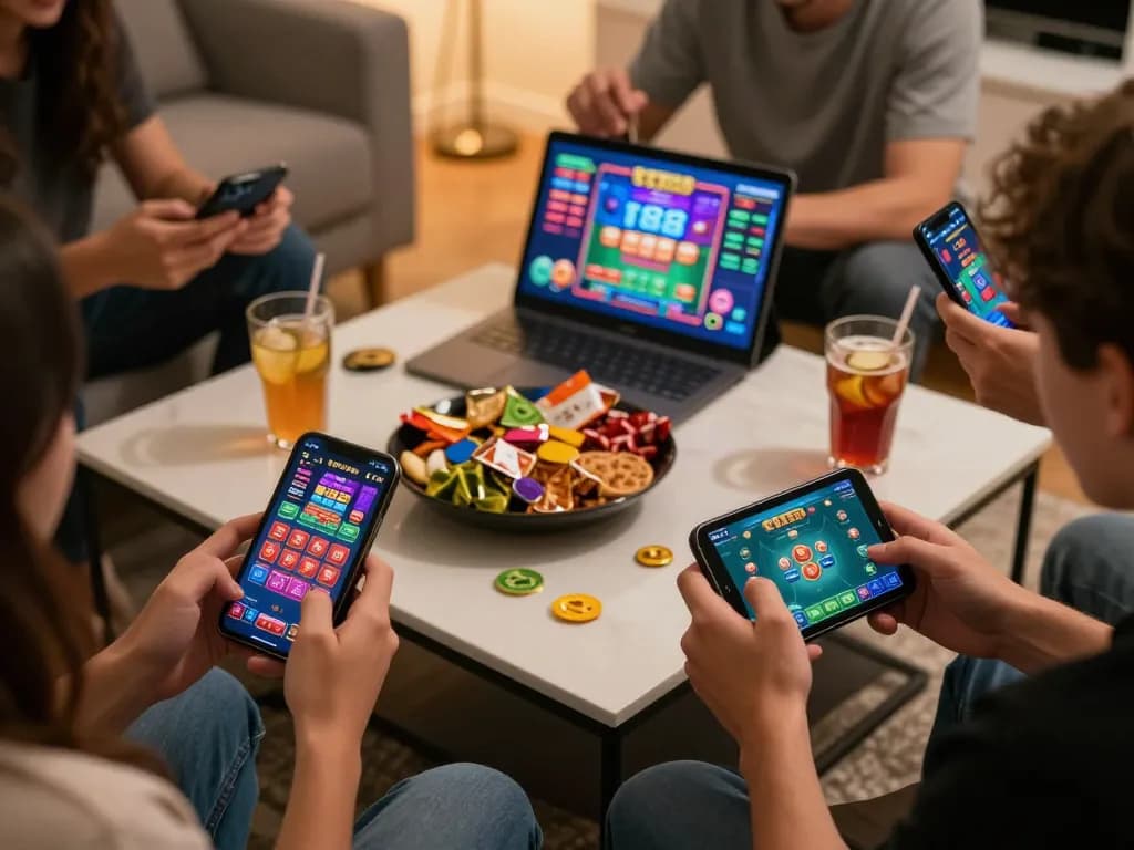 Players engaging with the tr88 casino app on smartphones and tablets during an online gaming night