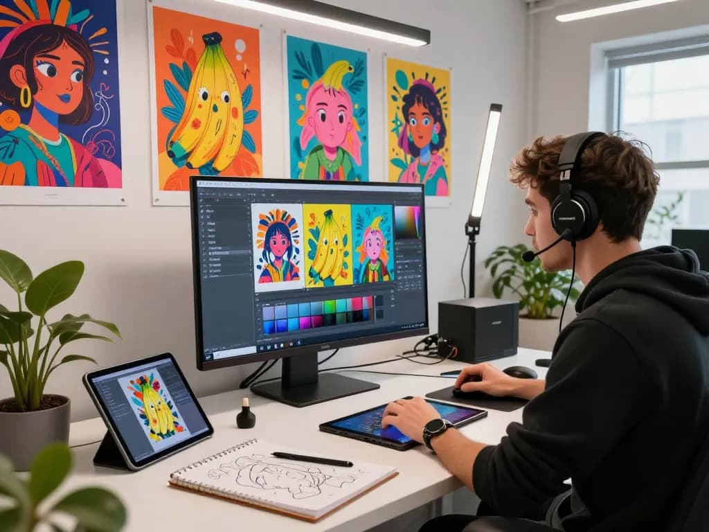 Dynamic artist editing with nano banana AI in an innovative digital studio.