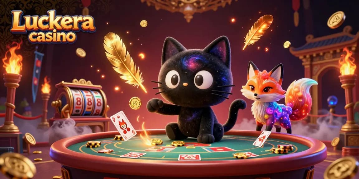Experience the excitement of Luckera casino with a cosmic scene of a black hole cat and a nebula fox at a vibrant gaming table.