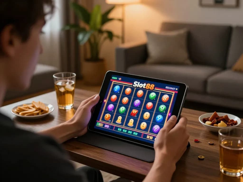 Engaging Slot88 online gaming session with colorful reels and cozy home setup