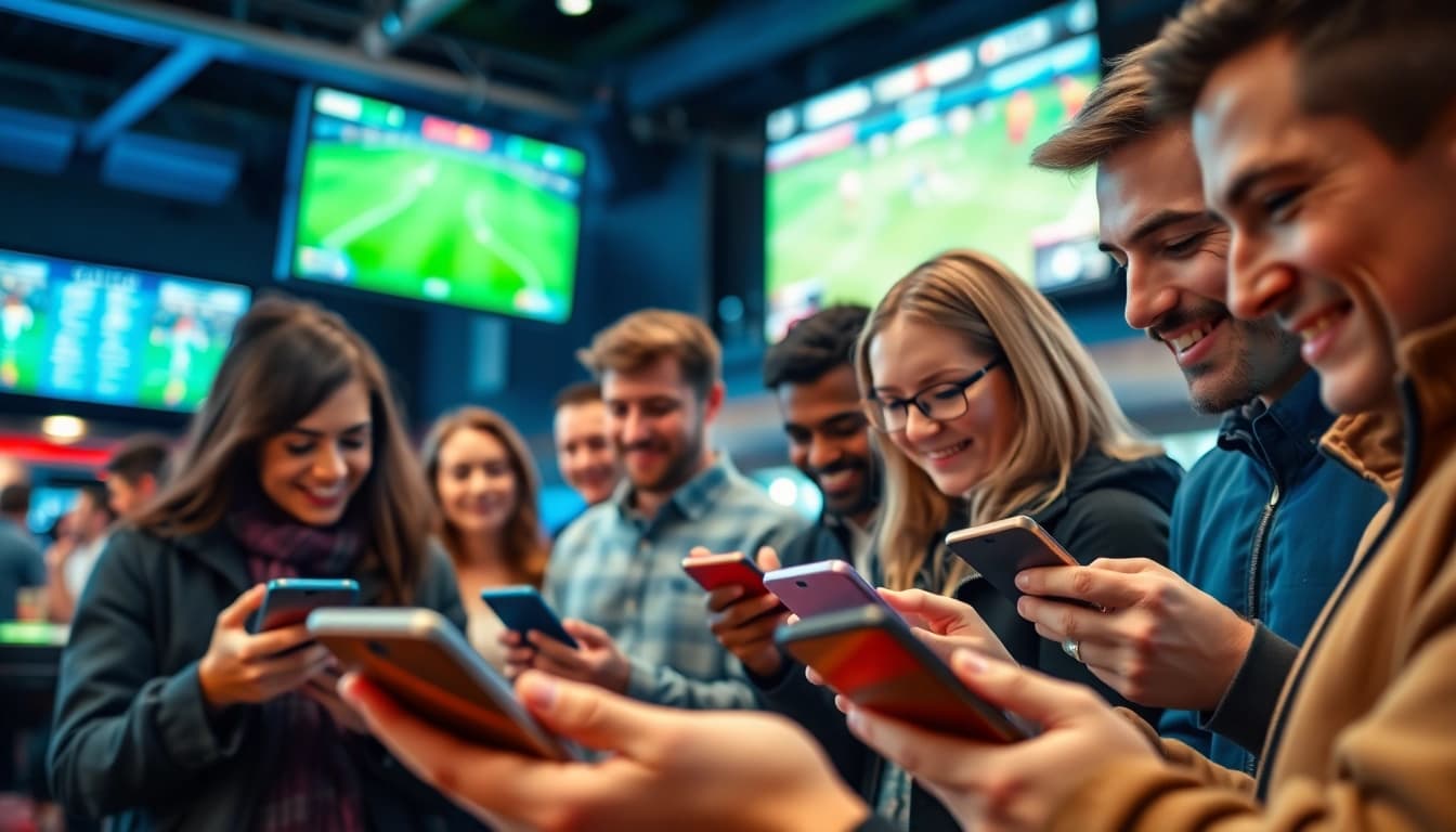 Engaged individuals enjoying Sports Betting at a lively venue, showcasing excitement and camaraderie.