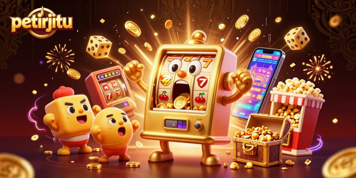 PETIRJITU menampilkan mesin slot kartun meriah yang sedang mendapatkan jackpot penuh koin sekaligus semarak kasino.