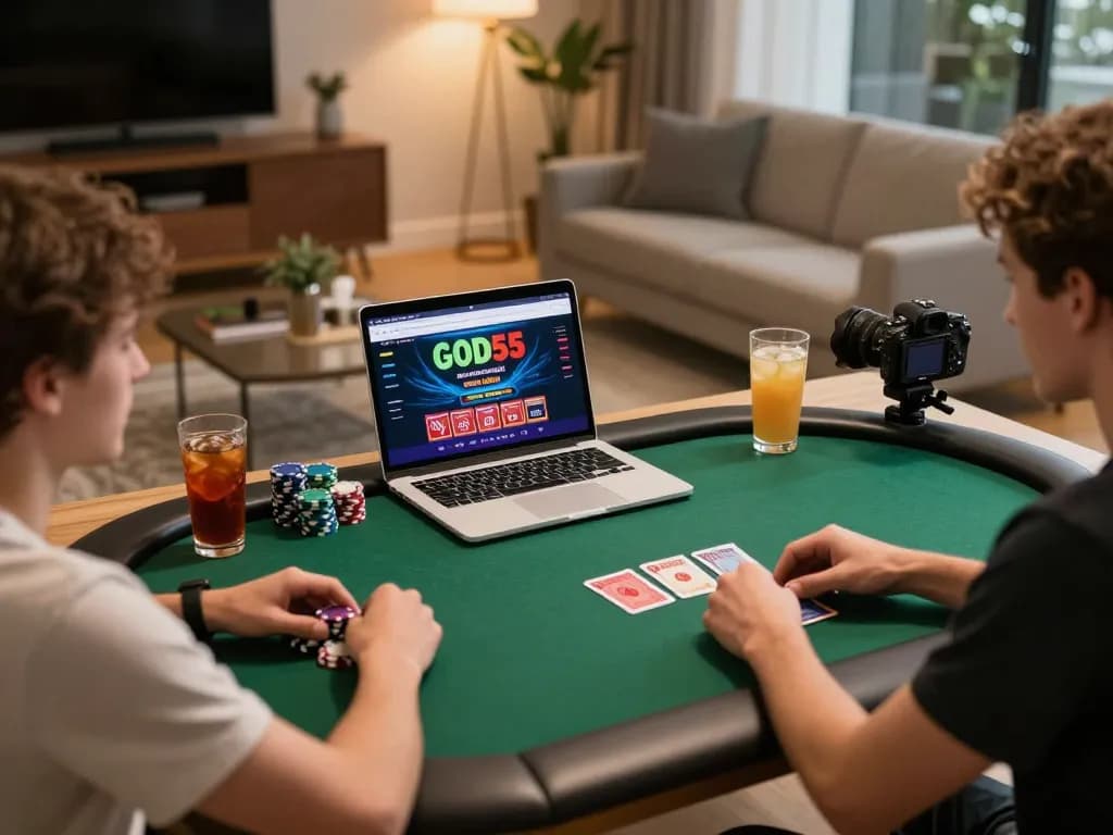 Engaged players using God55 for online poker, showcasing strategic gameplay in a cozy setting