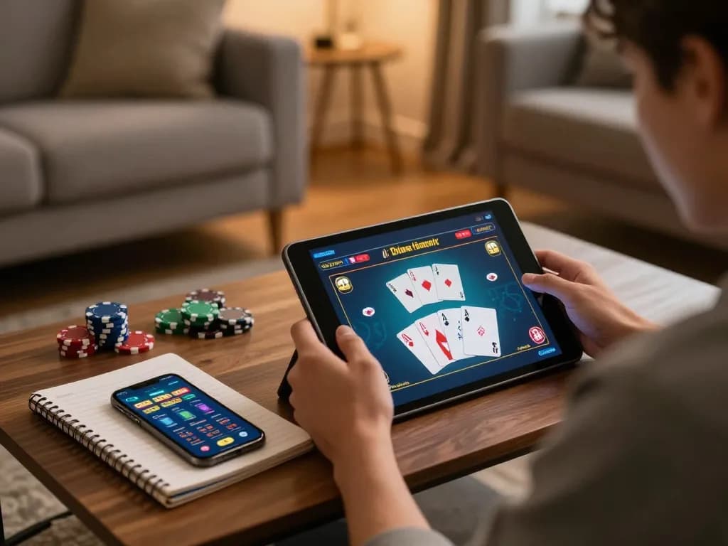 Person engaging with cm8888 casino app on tablet in cozy home setup, showcasing strategic gameplay and responsible entertainment.