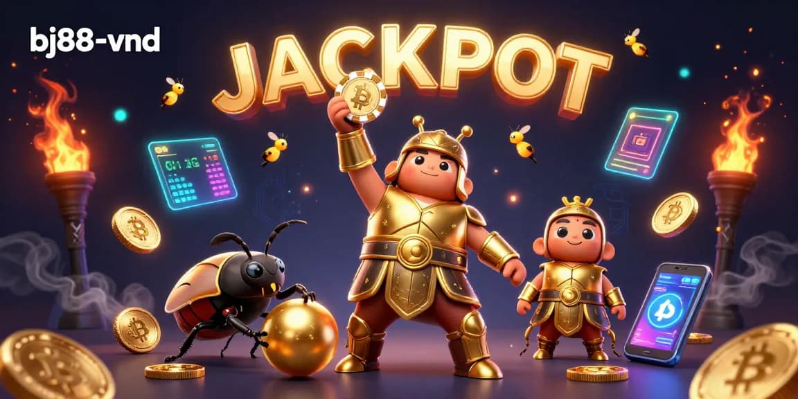 Experience the excitement at bj88-vnd with a victorious beetle lifting a poker chip amidst glowing casino elements.