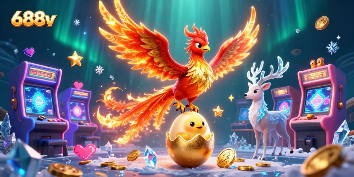 Engage with thrilling 688v gaming action featuring phoenix and stag amidst vibrant casino elements.