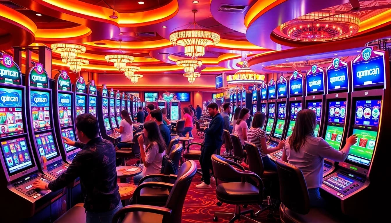 Engage with thrilling gameplay at qqmacan slots, showcasing vibrant casino dynamics and luxury.