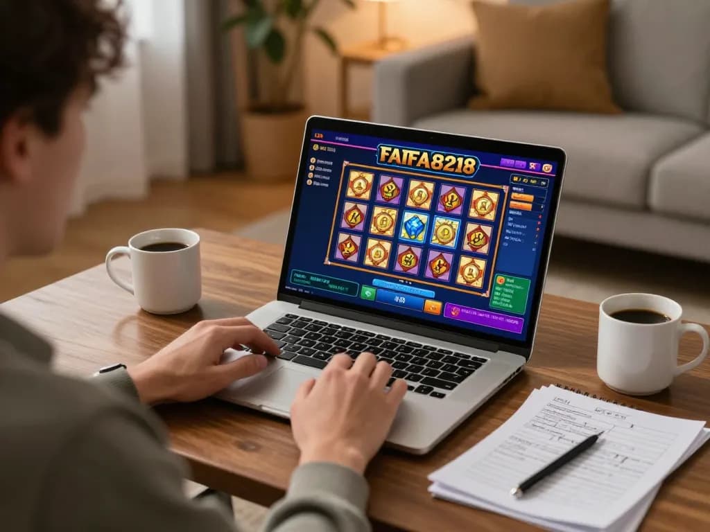 Player enjoying FAFA828 slot game on laptop with strategy notes in cozy living room.