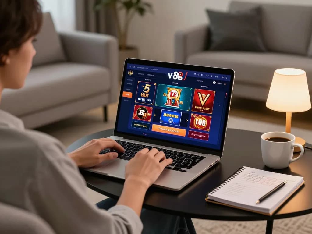 Player engaging in vt88 online casino gaming from a cozy living room setup