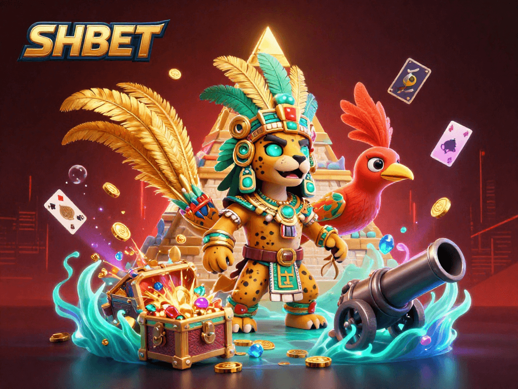 Bet and win with SHBET as the Mayan jaguar priest and quetzal bird create a vibrant casino scene.