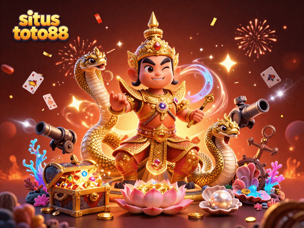 Experience excitement on situs toto88 with a vivid 3D illustration of a Thai temple guardian, Naga serpents, and casino treasures.