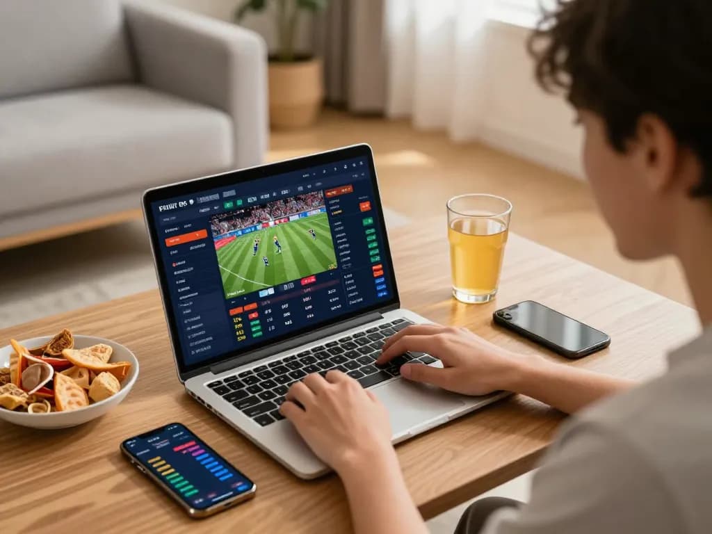 Engaging setup for sports betting at home using ทางเข้า m115 with multiple devices showcasing live odds.