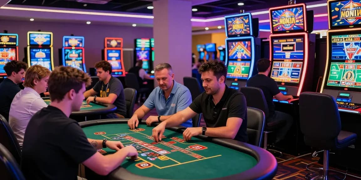 Players at non-UK casinos enjoying vibrant gaming experiences with tables and slot machines at https://hrnd.co.uk