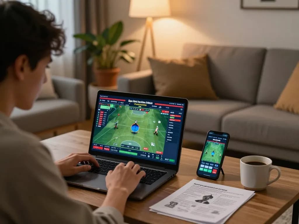 Person exploring kèo nhà cái trực tiếp in a cozy home setting, engaged in online sports betting.