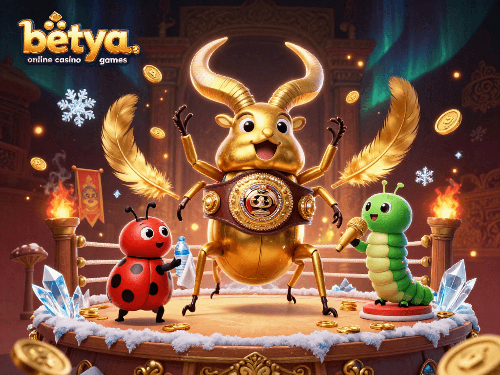 Engage with betya.com online casino games featuring a dynamic boxing beetle match surrounded by casino elements.