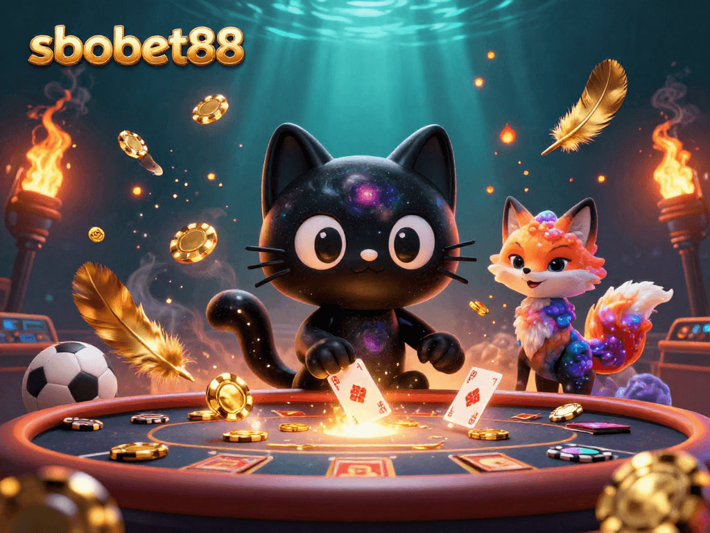 SBOBET88 sports betting action featuring a cosmic black hole cat and nebula fox at a dynamic casino table.