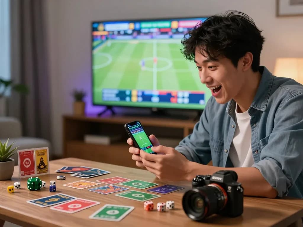 Pengguna yang bersemangat berinteraksi dengan aplikasi sportsbook lagowin792 dalam pengaturan permainan yang cerah.