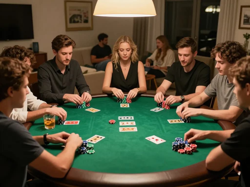 Gameradar-enhanced poker strategy session at home game night with vibrant chips and community cards.