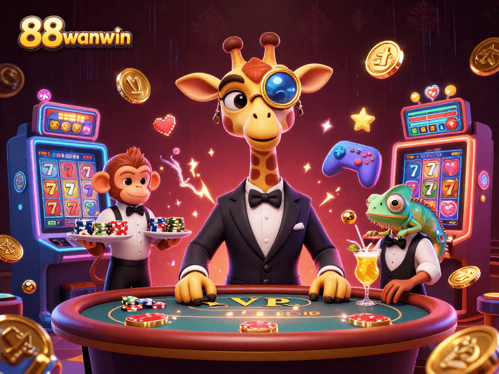 Experience thrilling gaming action with 88wanwin's vibrant casino atmosphere featuring unique characters.
