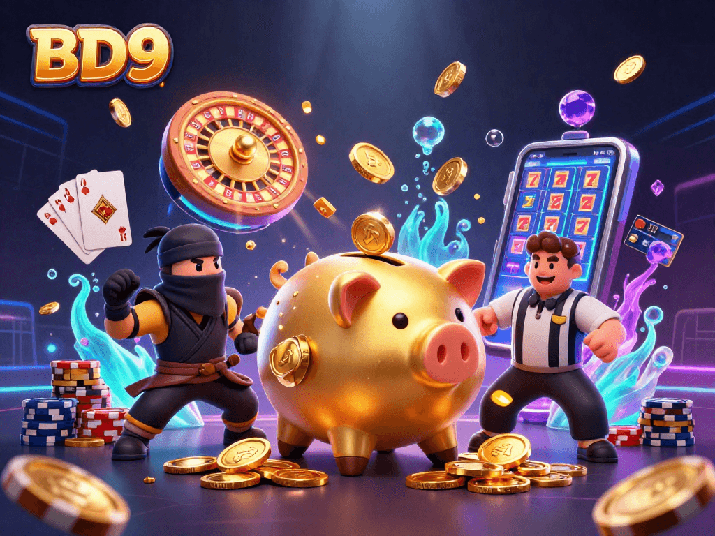 Engage in thrilling slots and live action at BD9’s lively gaming scene filled with gold coins, cards, and action.