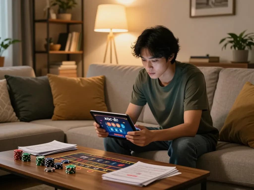 xóc đĩa online player engaged in live dealer session on tablet in a cozy living room