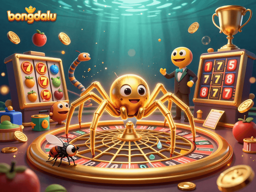 bongdalu showcases a unique gambling scene with a golden spider spinning a roulette web and animated characters.
